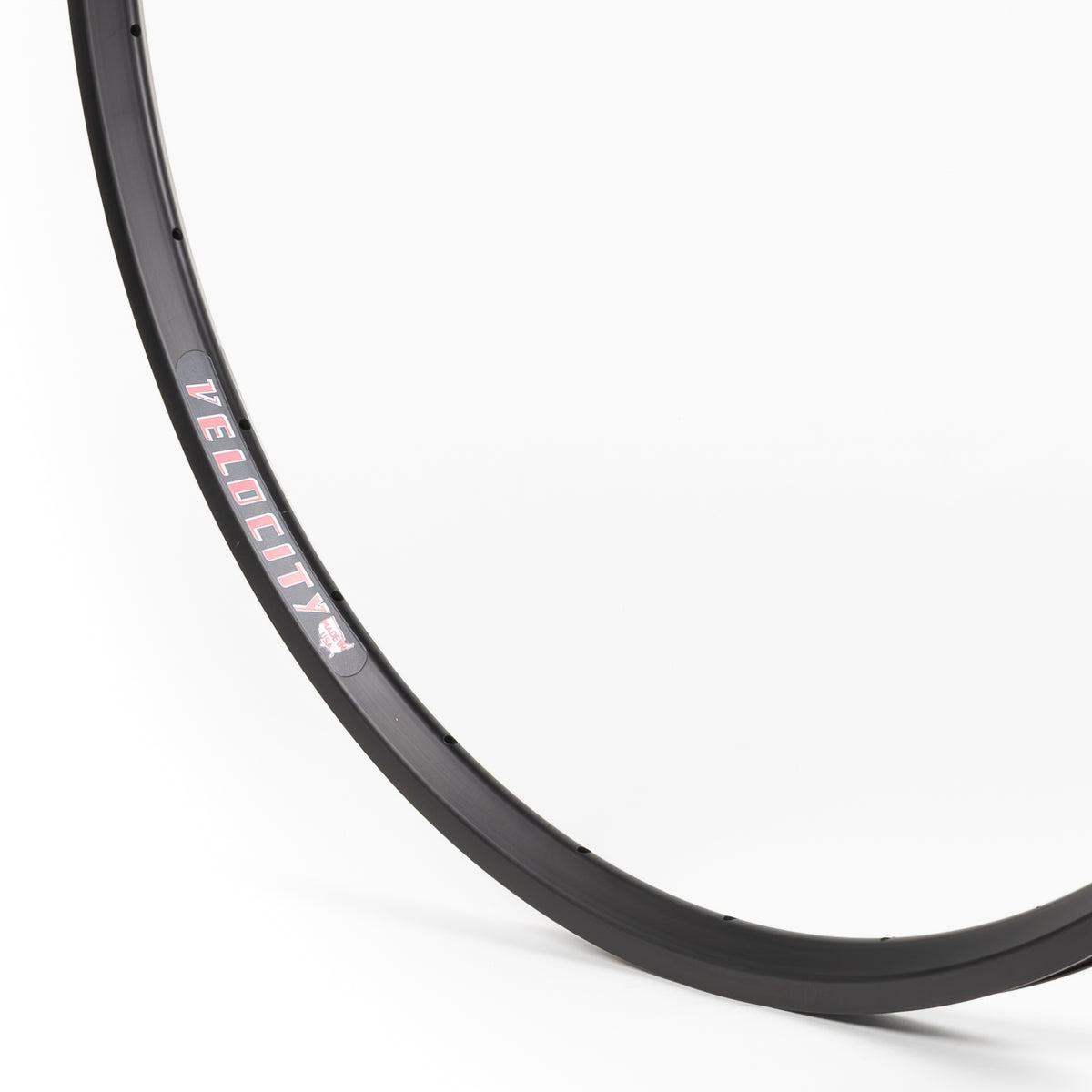 Velocity USA A23 Black bicycle rim, close-up shot on a white background