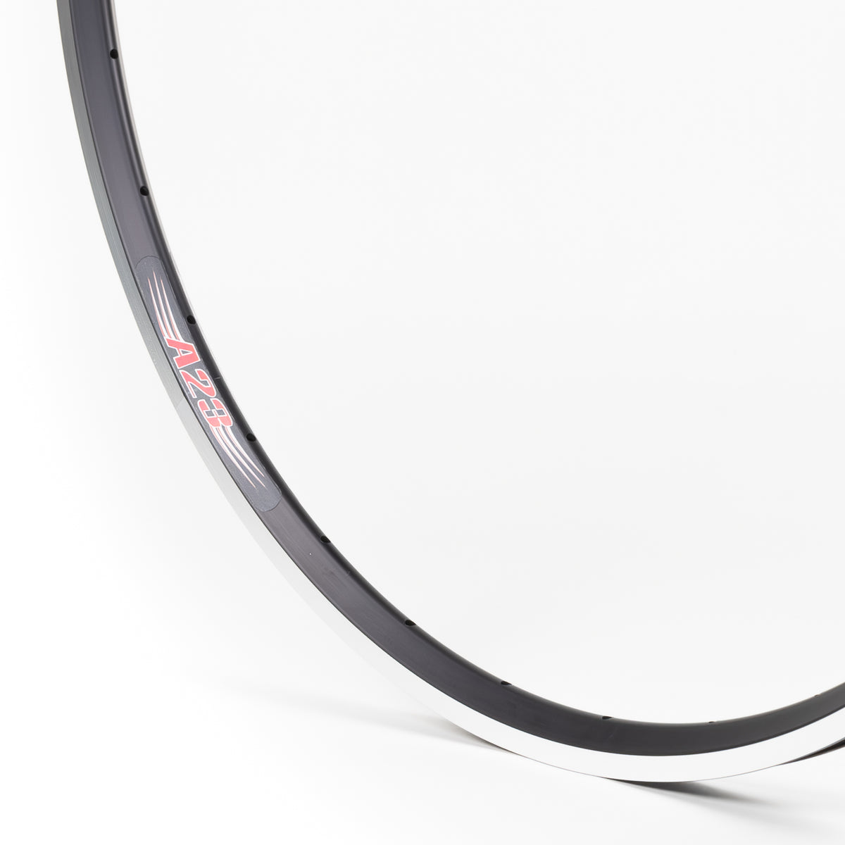 Velocity USA A23 Black Machined Sidewall bicycle rim, close-up shot on a white background