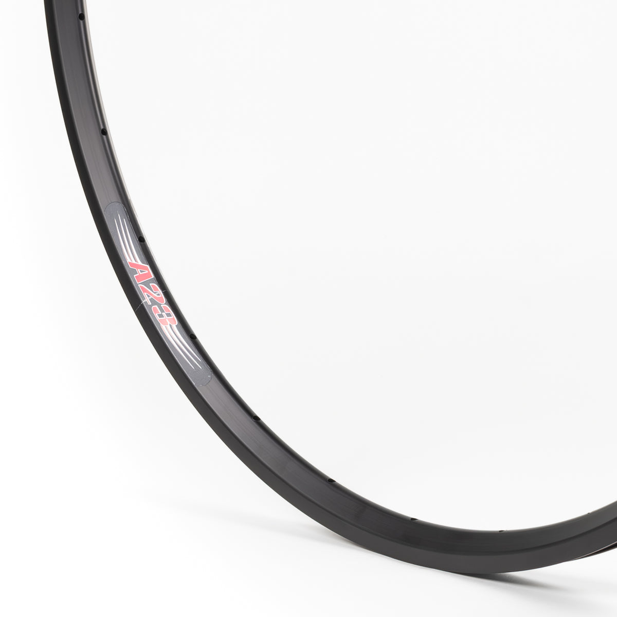 Velocity USA A23 Black bicycle rim, close-up shot on a white background