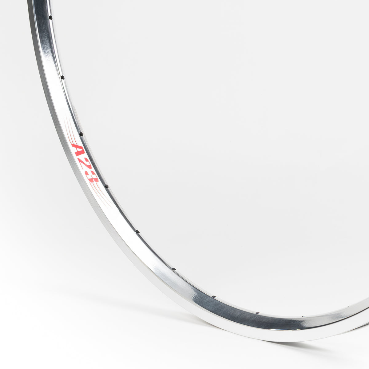 Velocity USA A23 Polished Machined Sidewall bicycle rim, close-up shot on a white background