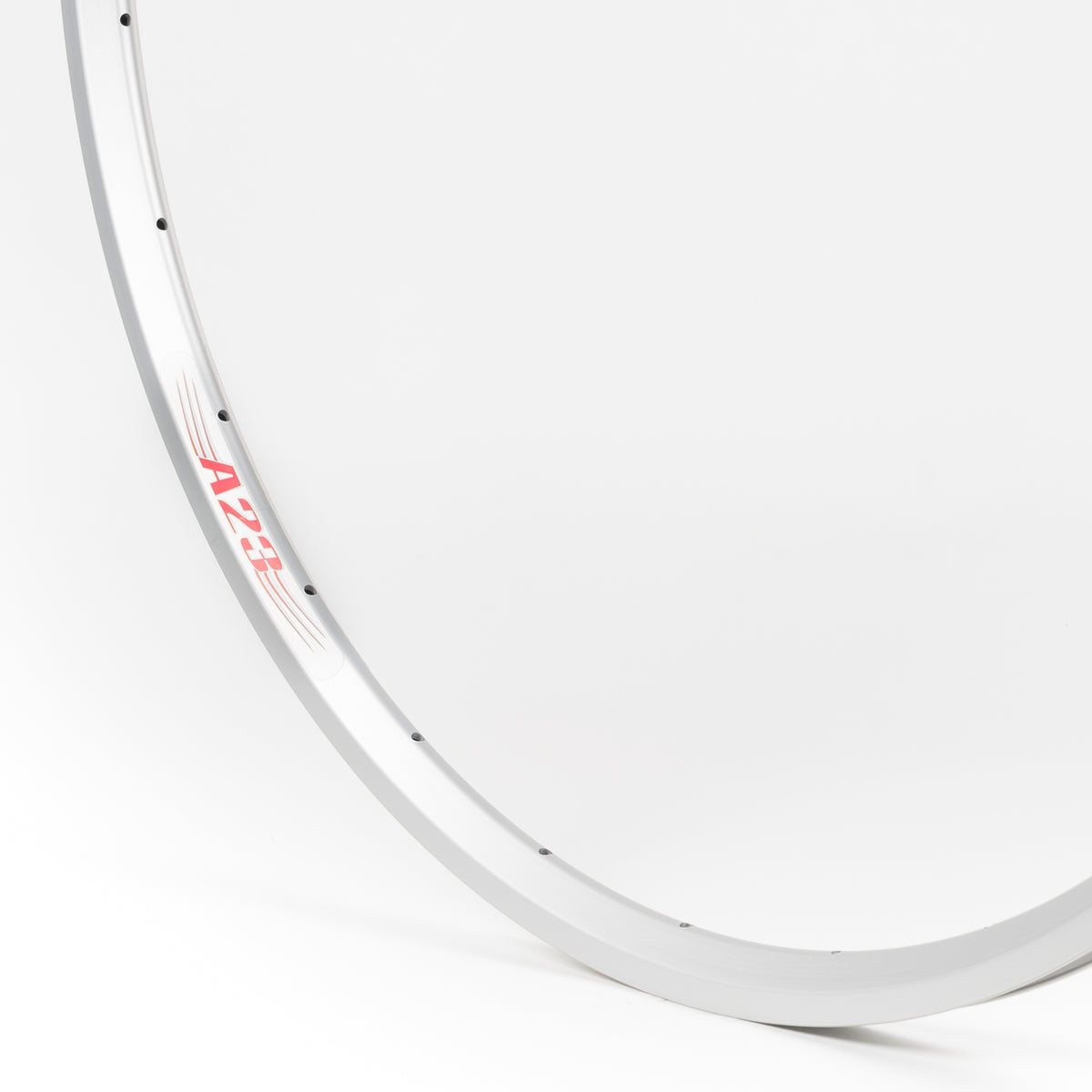 Velocity USA A23 Silver bicycle rim, close-up shot on a white background