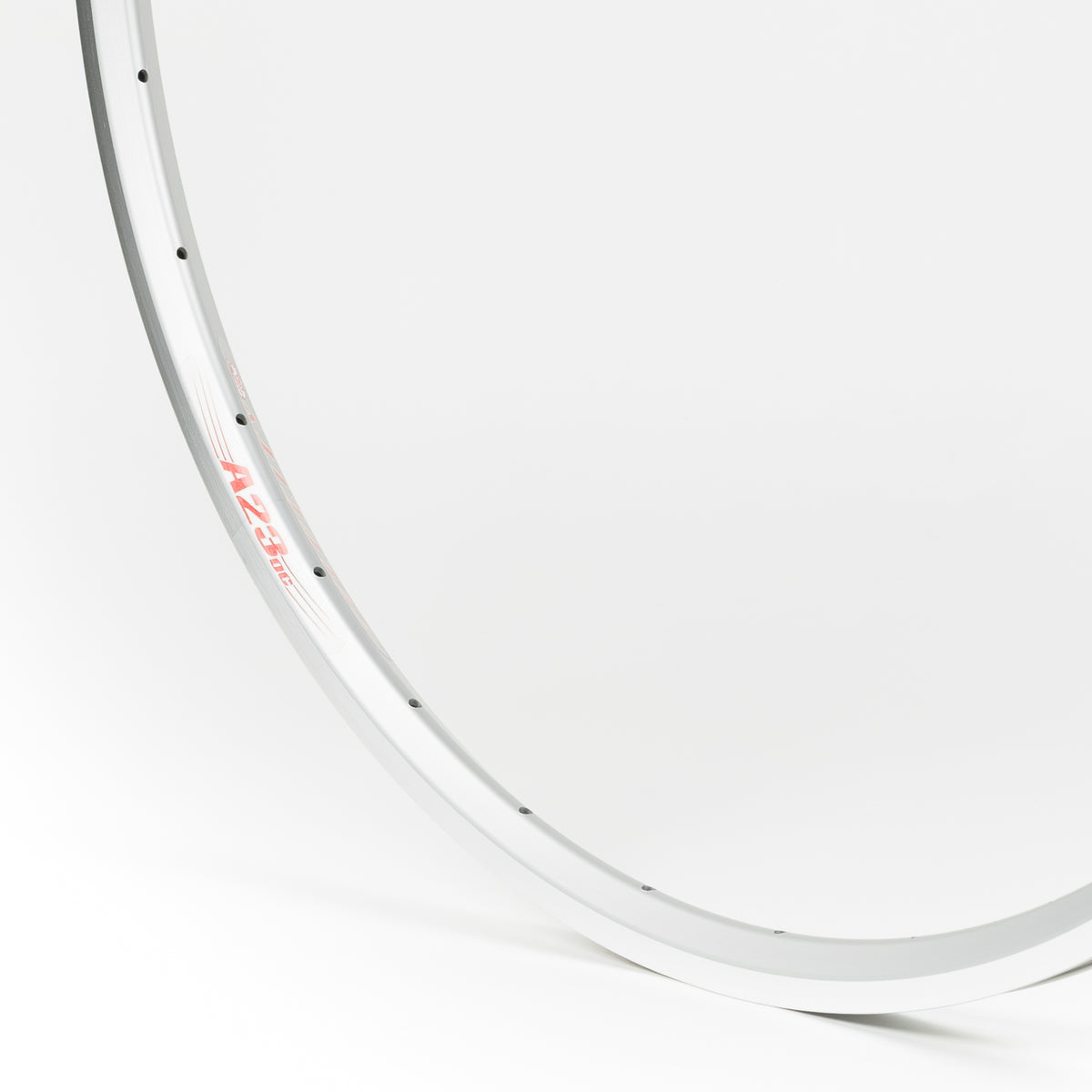 Velocity USA A23 OC Silver Machined Sidewall bicycle rim, close-up shot on a white background