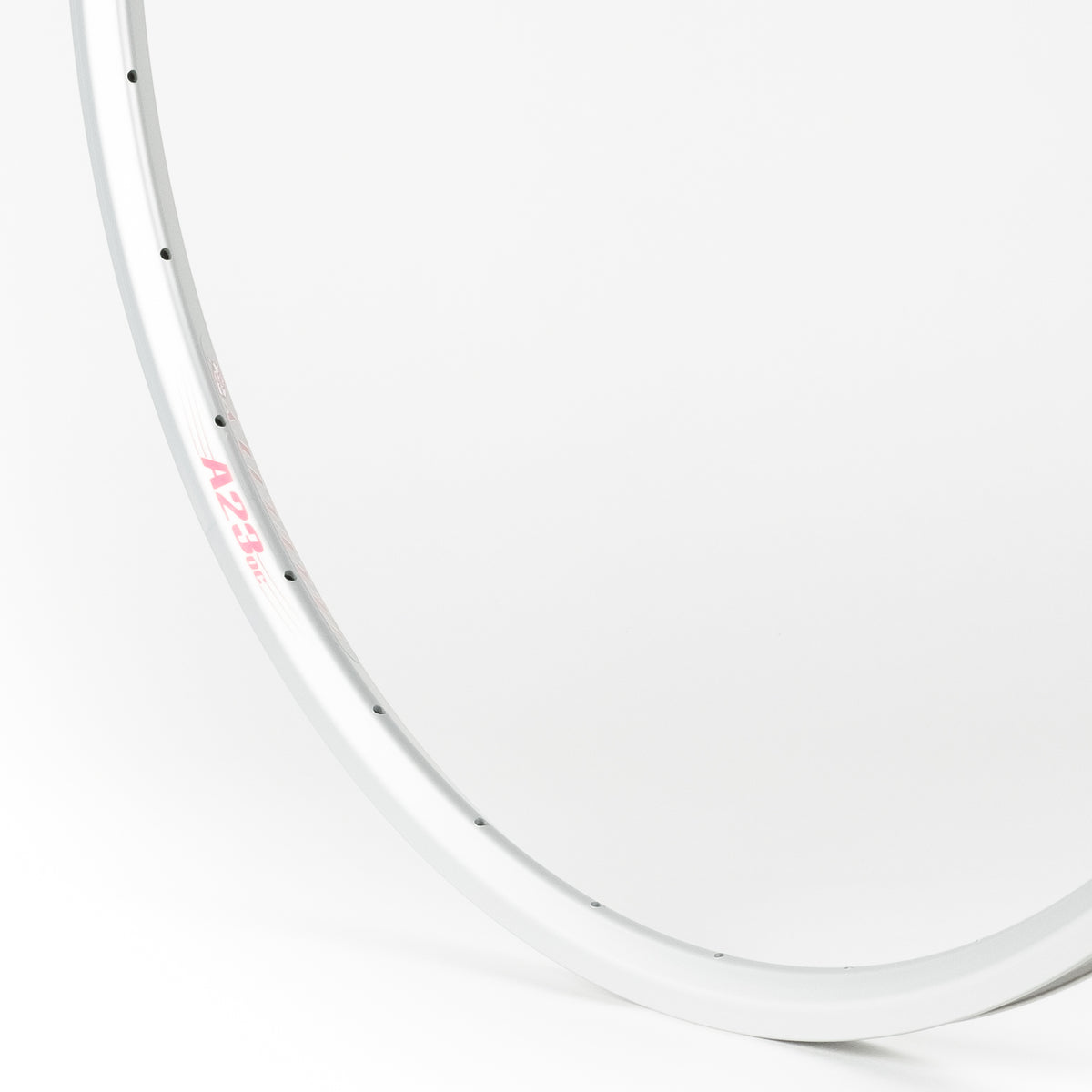 Velocity USA A23 OC Silver bicycle rim, close-up shot on a white background