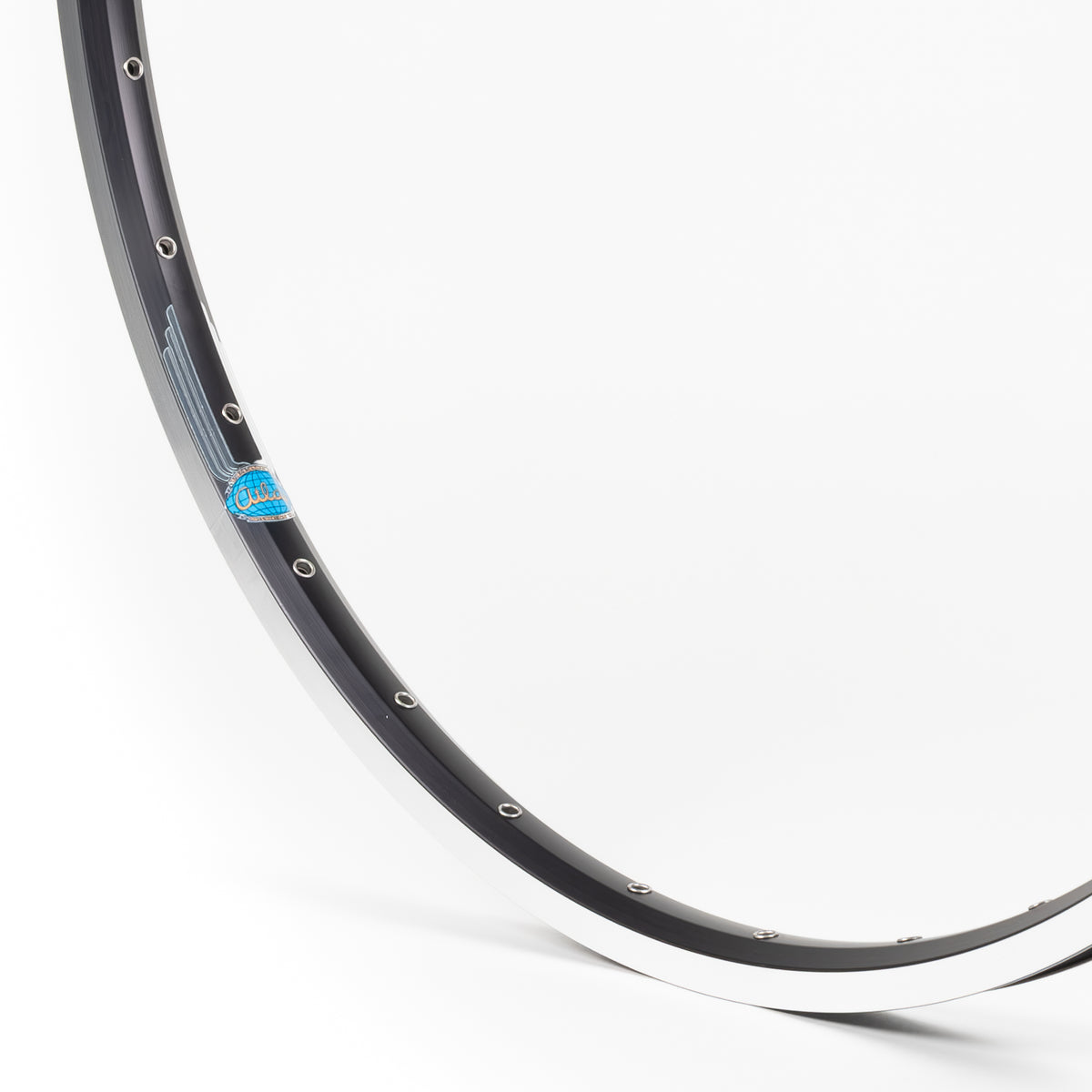 Velocity USA Atlas Black Machined Sidewall bicycle rim, close-up shot on a white background