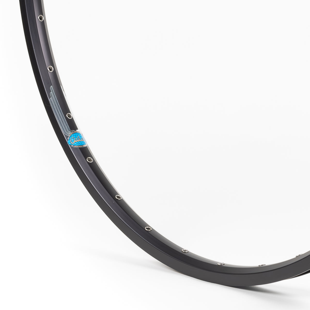 Velocity USA Atlas Black bicycle rim, close-up shot on a white background