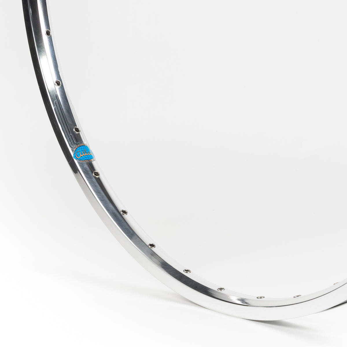 Velocity USA Atlas Polished bicycle rim, close-up shot on a white background