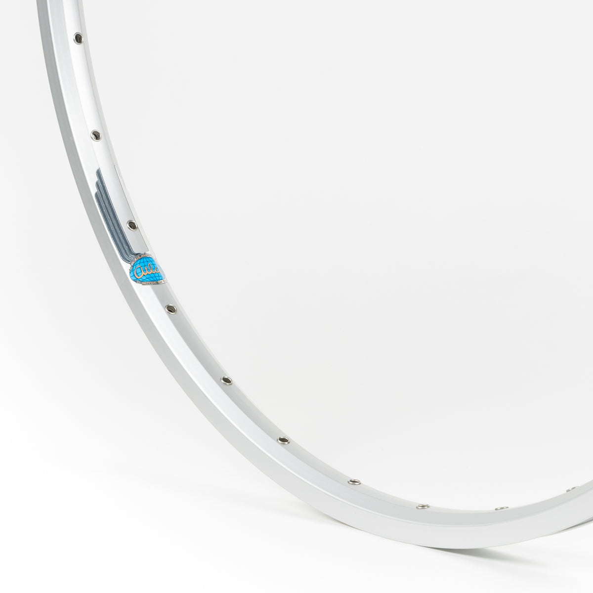 Velocity USA Atlas Silver bicycle rim, close-up shot on a white background
