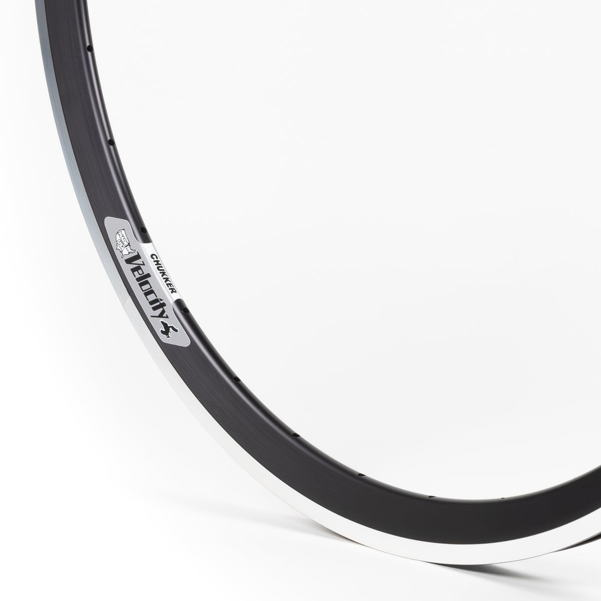 Velocity USA Chukker Black Machined Sidewall bicycle rim, close-up shot on a white background