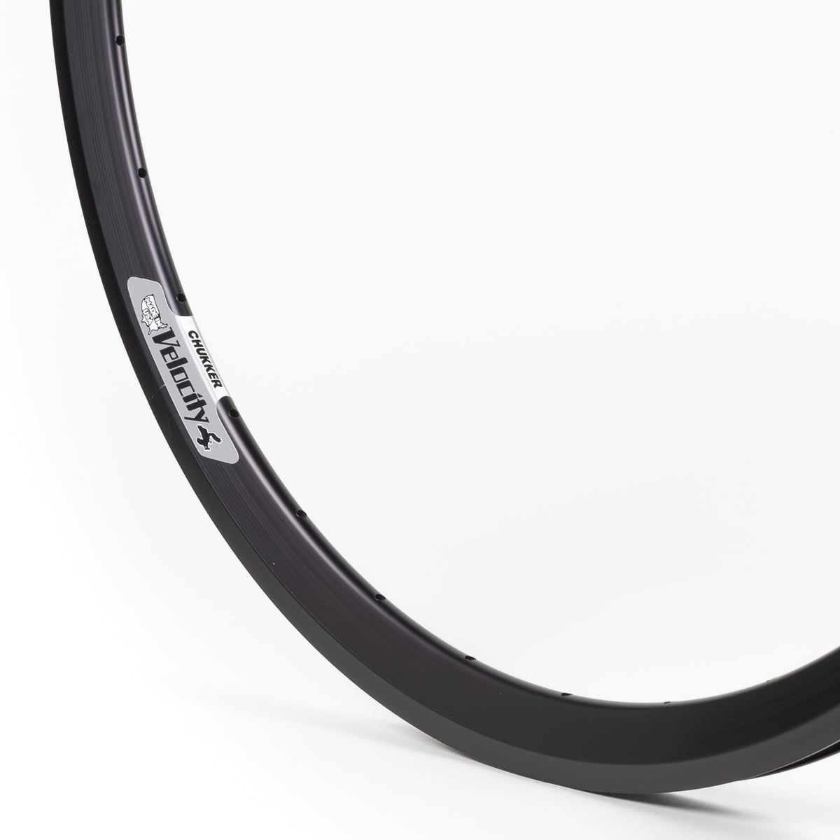 Velocity USA Chukker Black bicycle rim, close-up shot on a white background