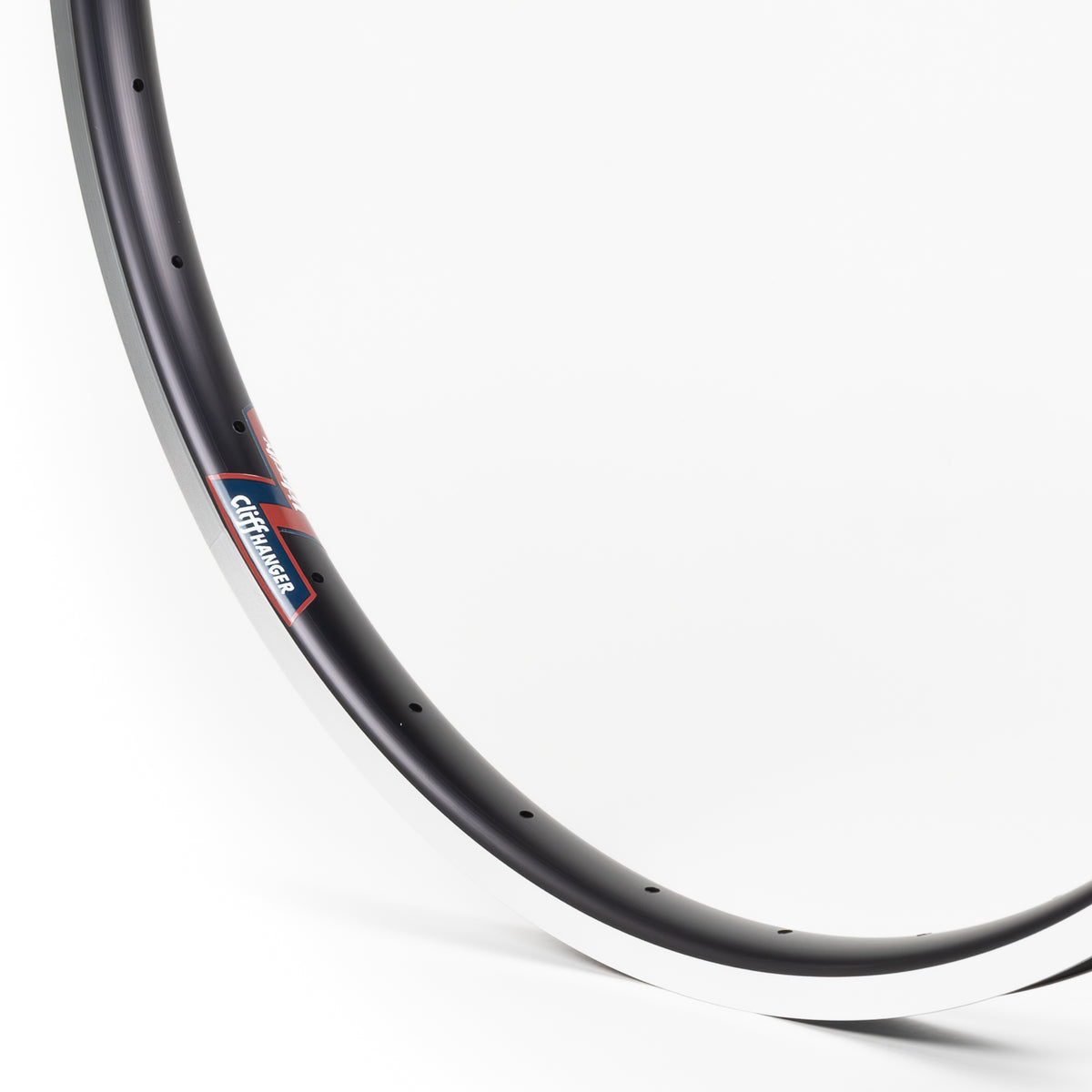 Velocity USA Cliffhanger Black Machined Sidewall bicycle rim, close-up shot on a white background