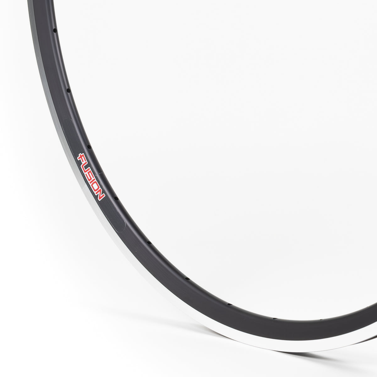 Velocity USA Fusion Black Machined Sidewall bicycle rim, close-up shot on a white background