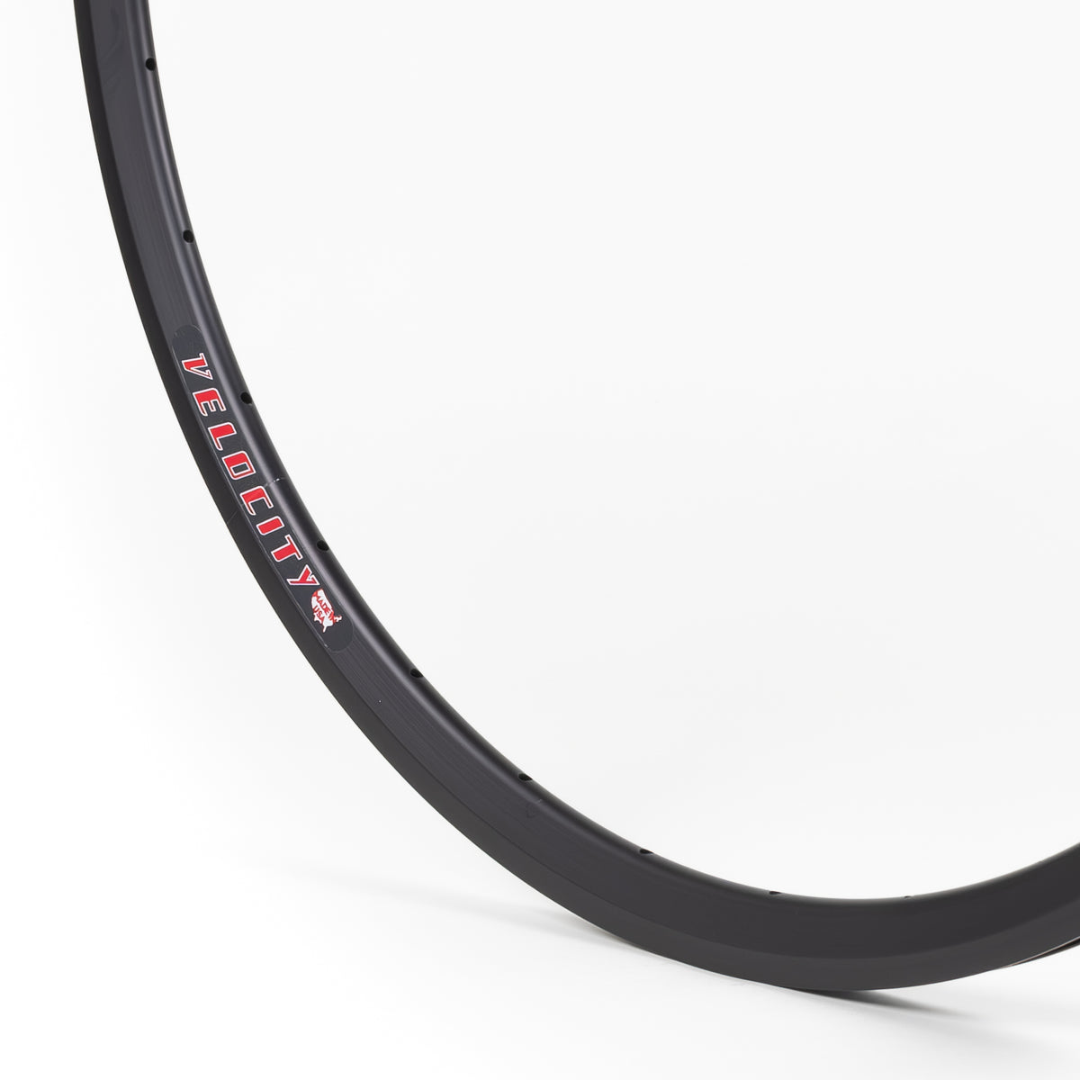 Velocity USA Fusion Black bicycle rim, close-up shot on a white background