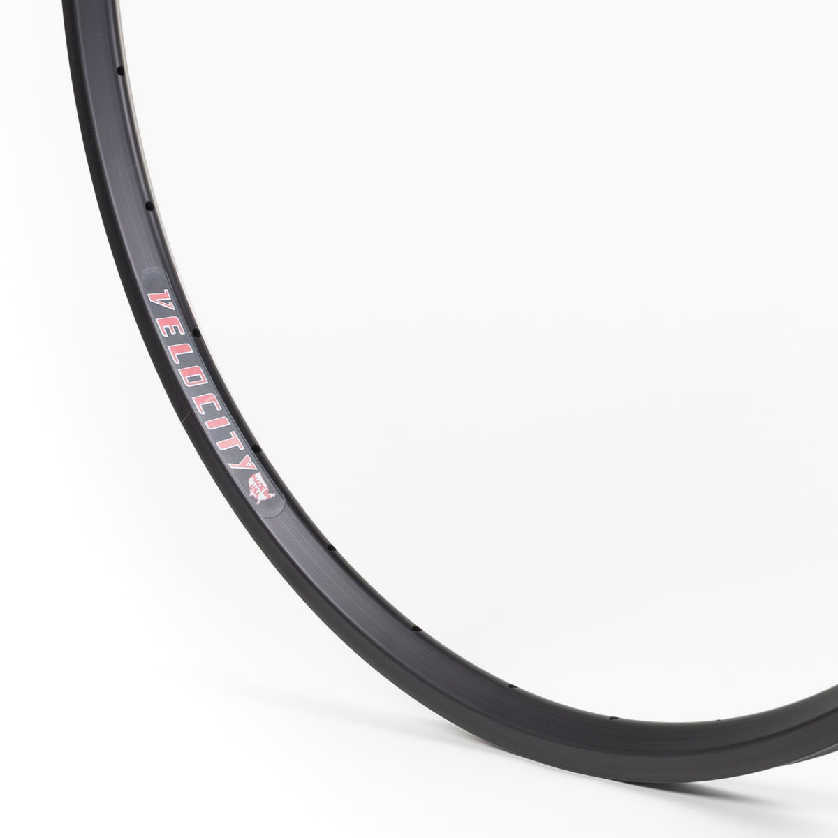 Velocity USA Major Tom Black bicycle rim, close-up shot on a white background