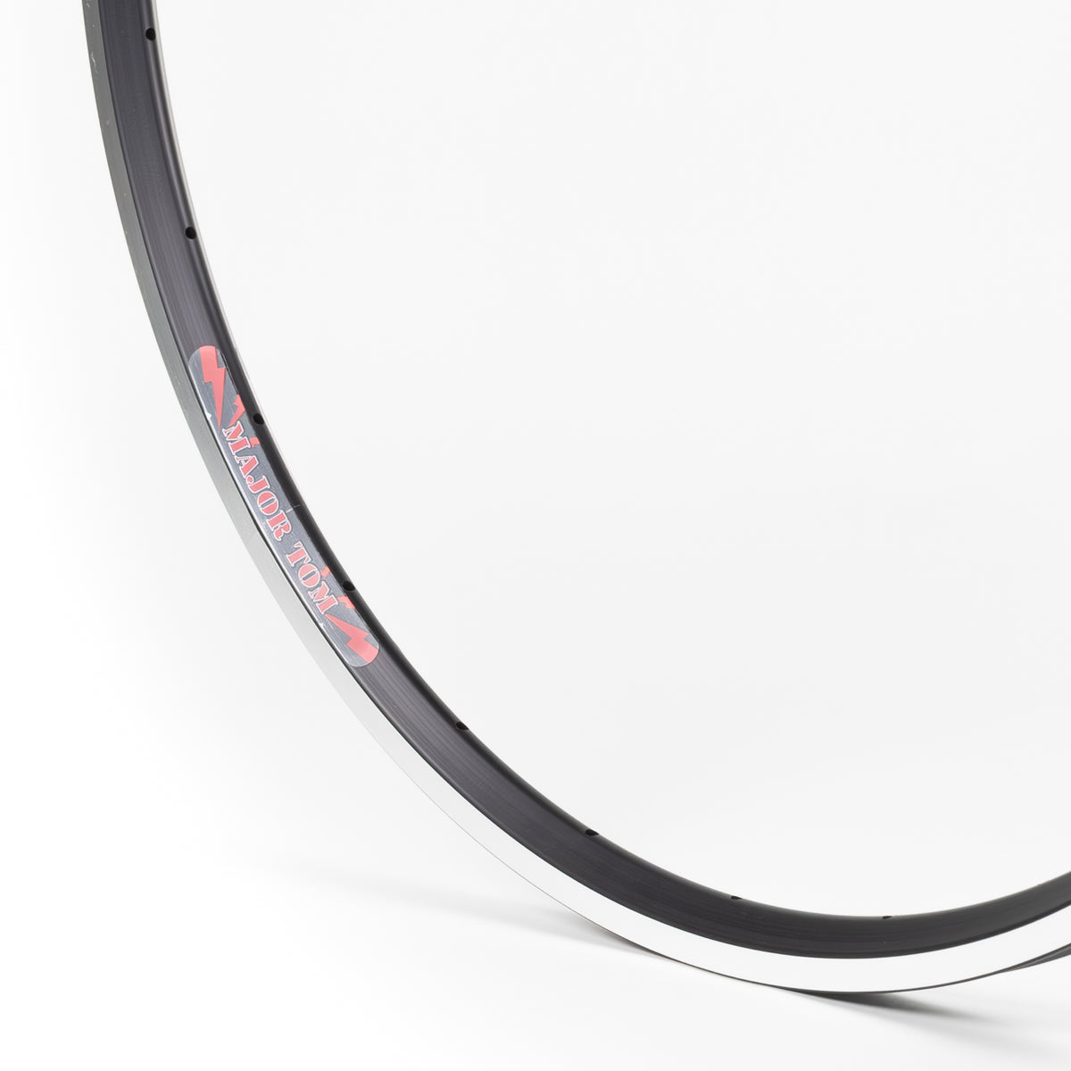 Velocity USA Major Tom Black Machined Sidewall bicycle rim, close-up shot on a white background