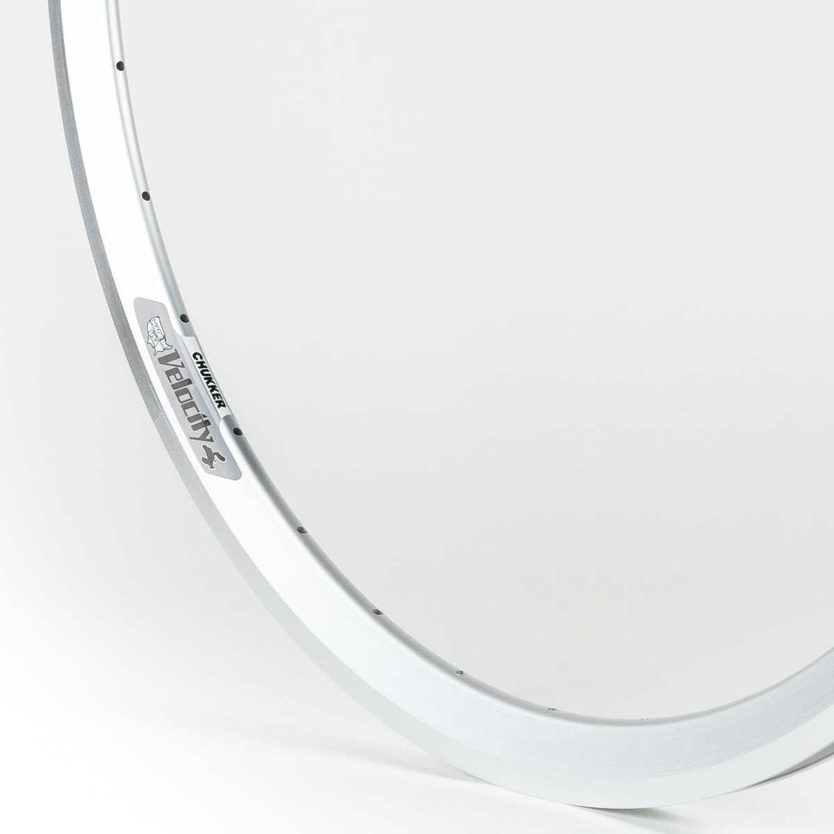 Velocity USA Chukker Silver Machined Sidewall bicycle rim, close-up shot on a white background