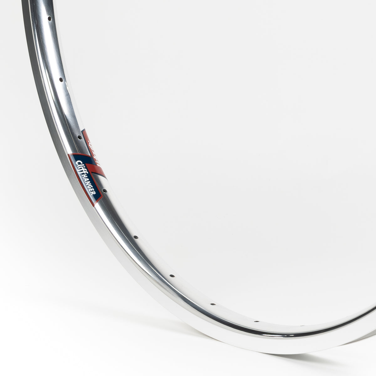 Velocity USA Cliffhanger Polished Machined Sidewall bicycle rim, close-up shot on a white background