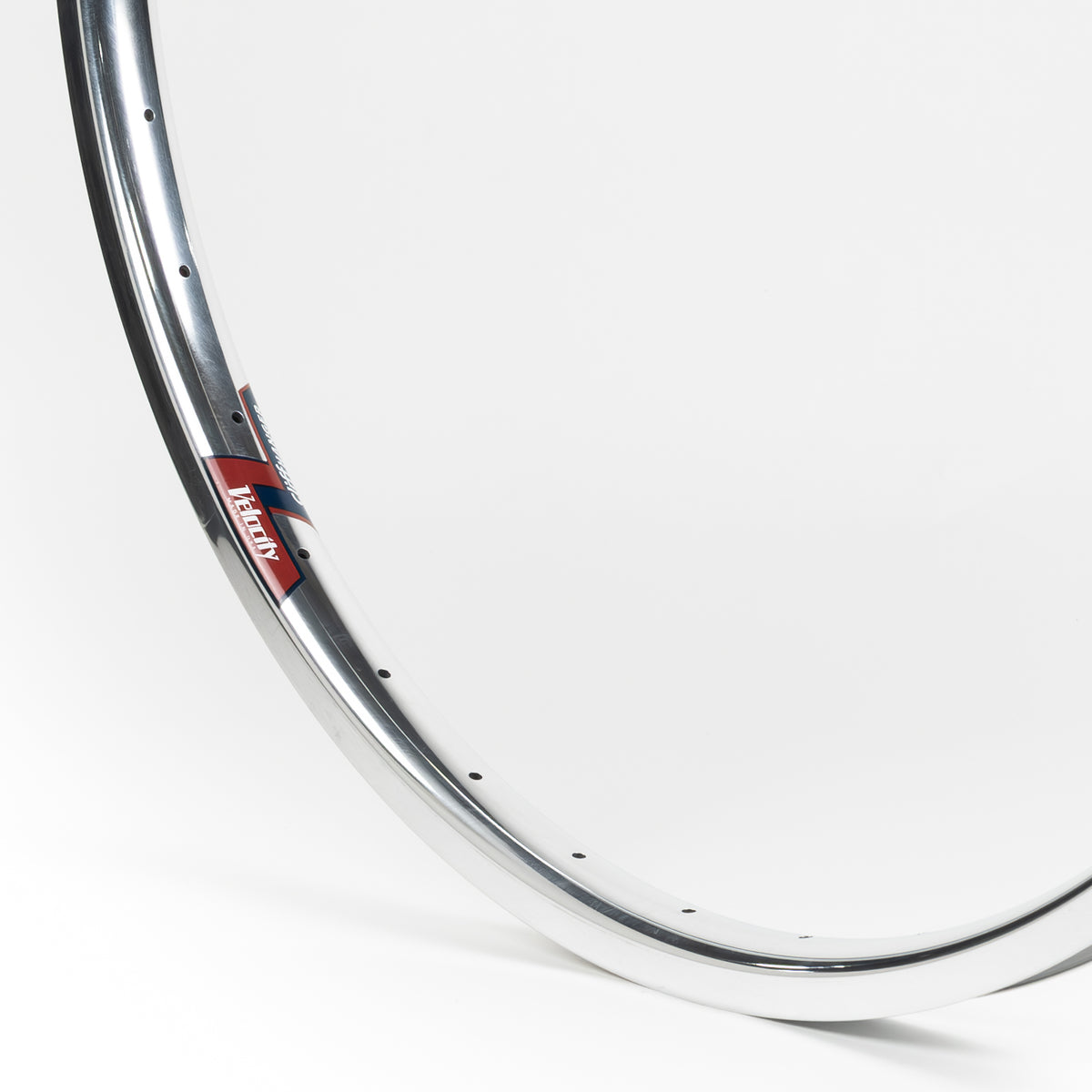 Velocity USA Cliffhanger Polished bicycle rim, close-up shot on a white background