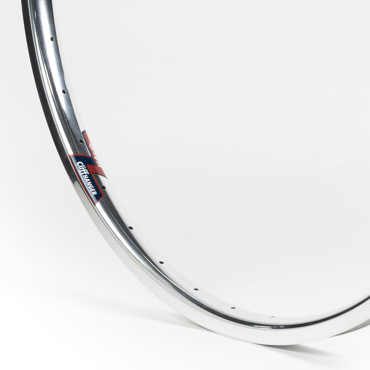 Velocity USA Cliffhanger Polished bicycle rim, close-up shot on a white background
