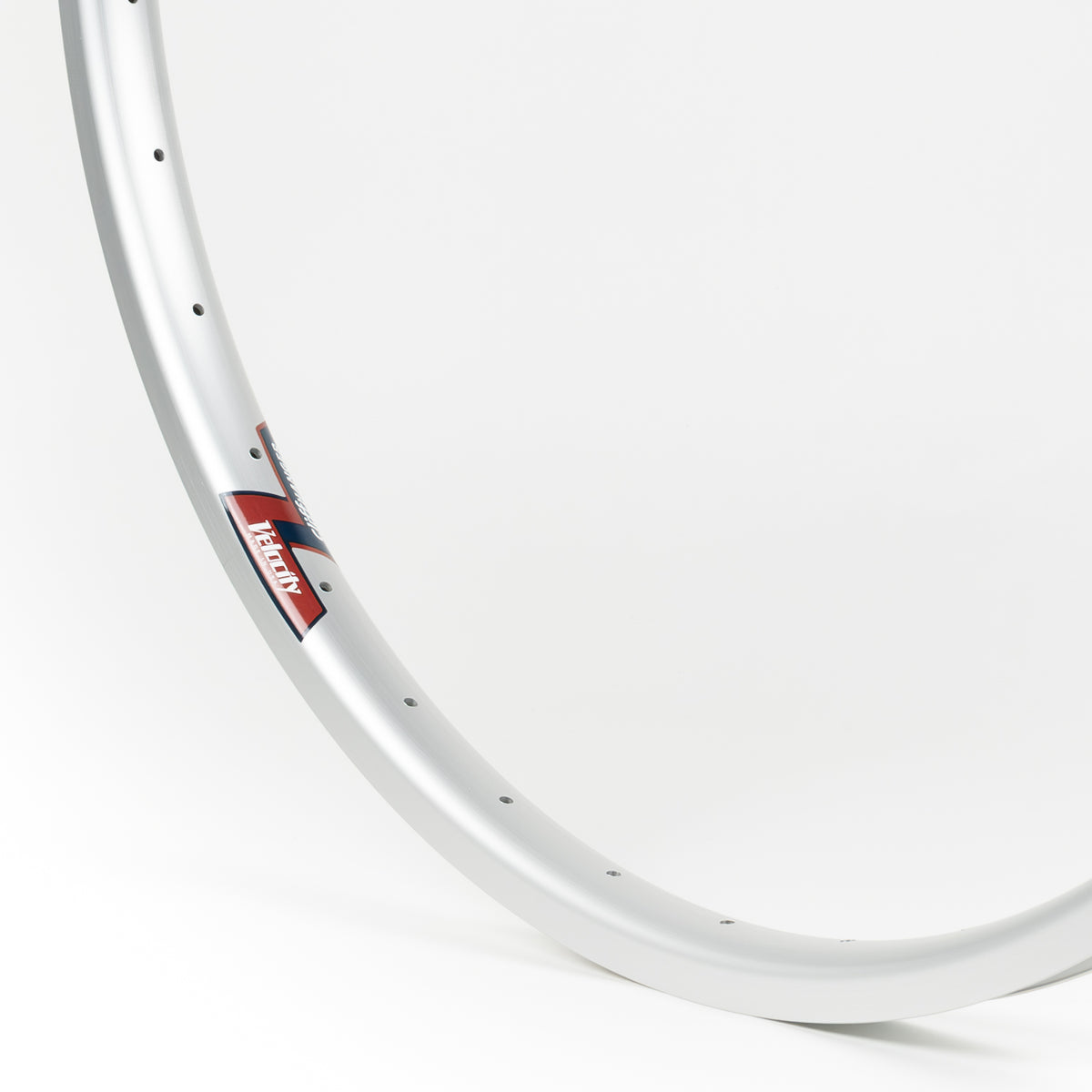 Velocity USA Cliffhanger Silver bicycle rim, close-up shot on a white background