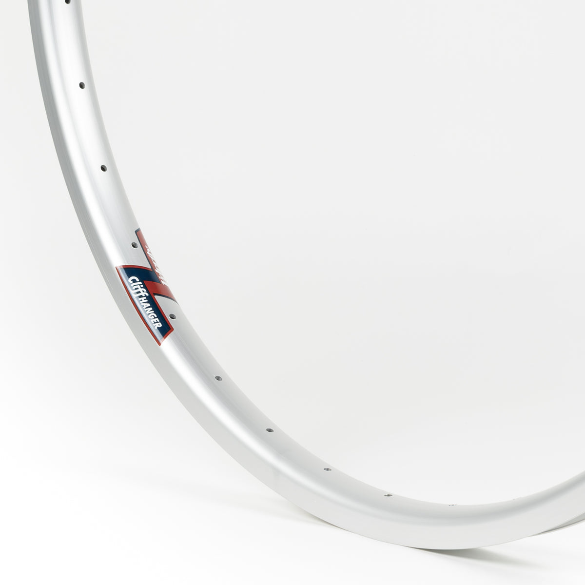 Velocity USA Cliffhanger Silver bicycle rim, close-up shot on a white background