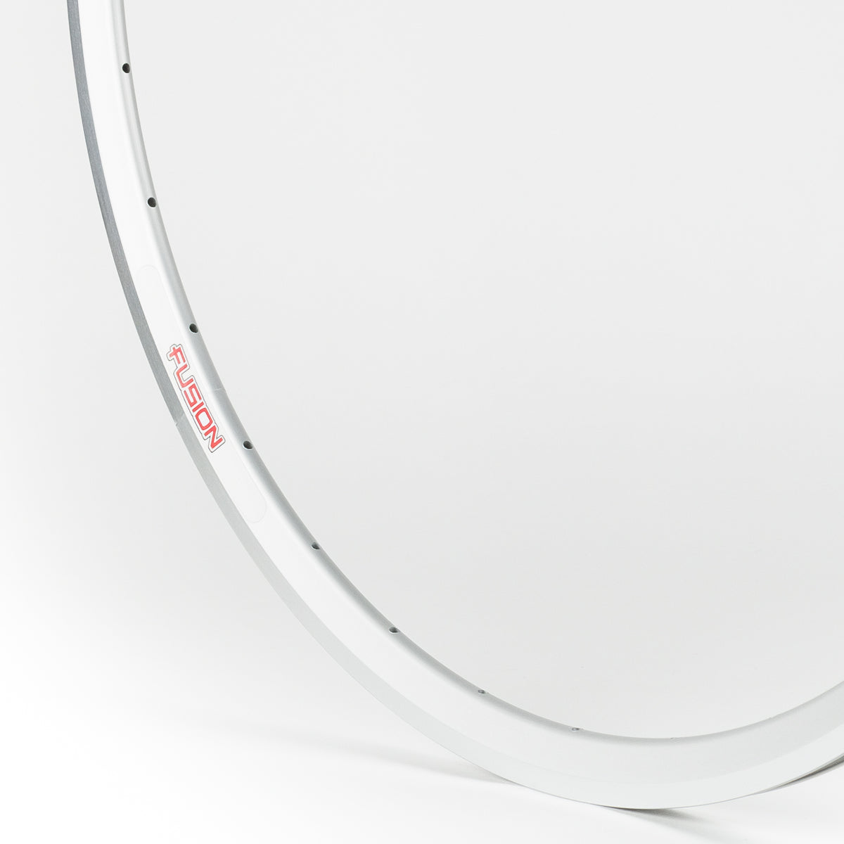 Velocity USA Fusion Silver Machined Sidewall bicycle rim, close-up shot on a white background