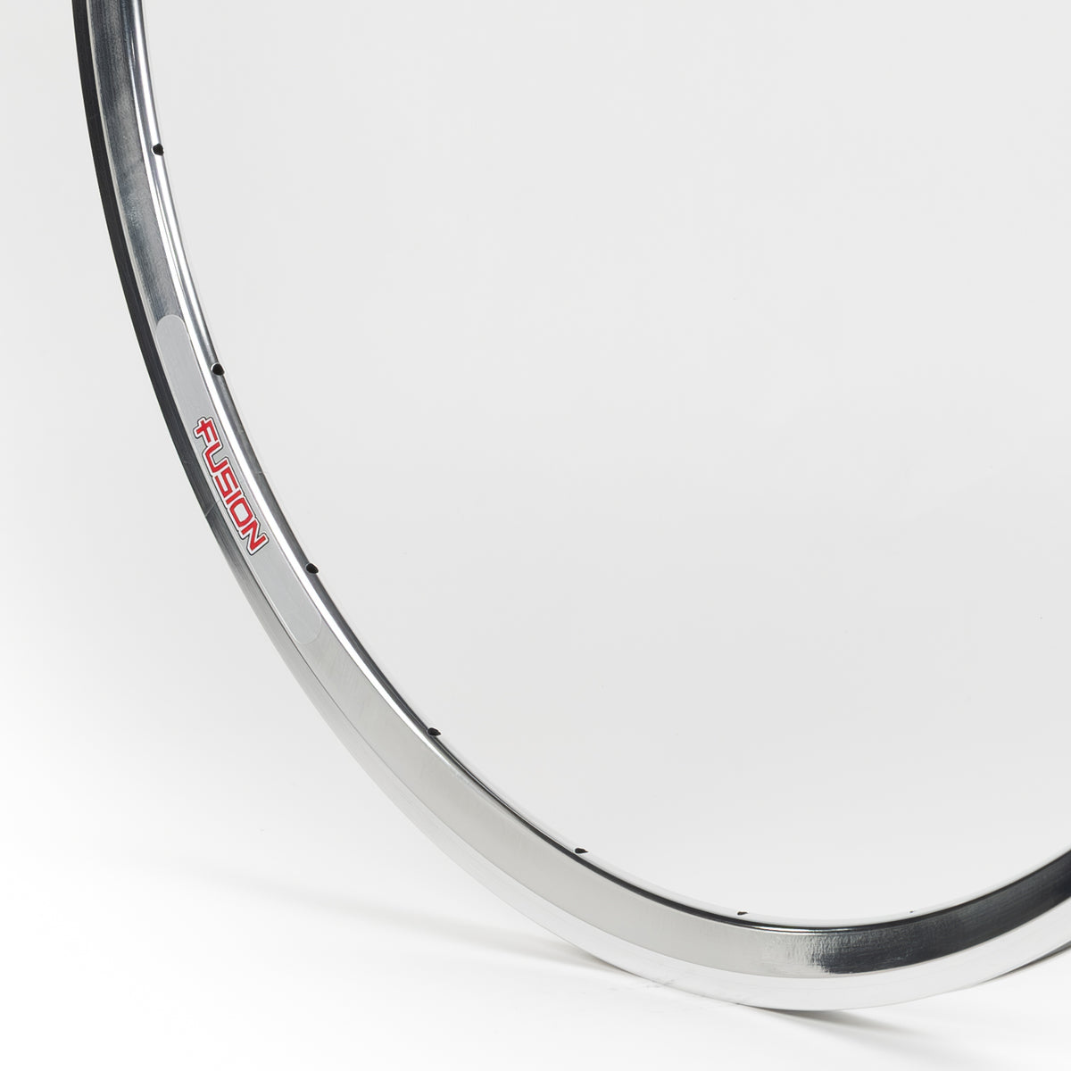 Velocity USA Fusion Polished bicycle rim, close-up shot on a white background