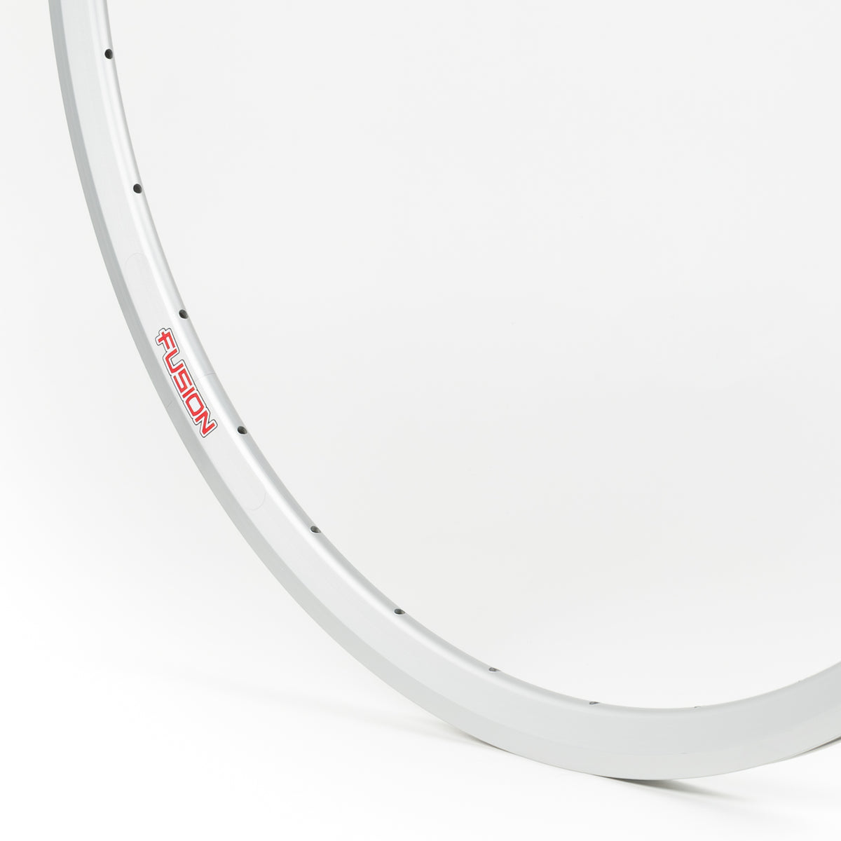 Velocity USA Fusion Silver bicycle rim, close-up shot on a white background