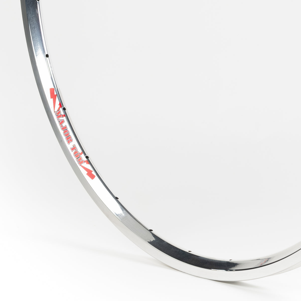 Velocity USA Major Tom Polished Machined Sidewall bicycle rim, close-up shot on a white background
