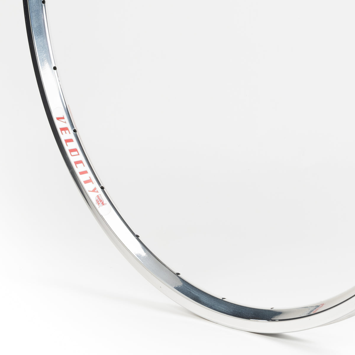 Velocity USA Major Tom Polished bicycle rim, close-up shot on a white background