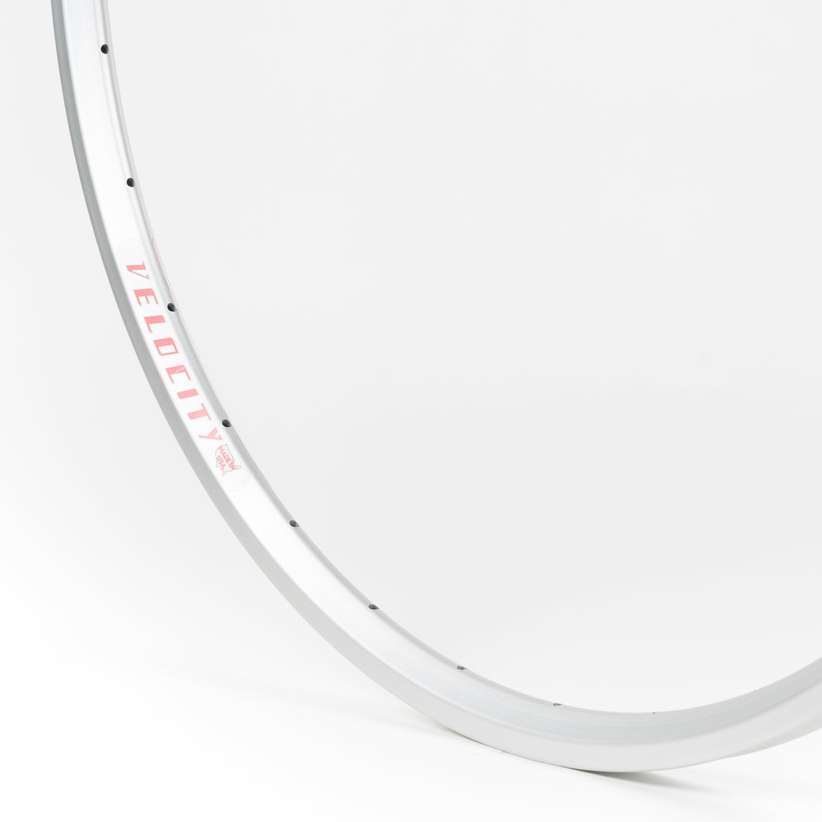 Velocity USA Major Tom Silver bicycle rim, close-up shot on a white background