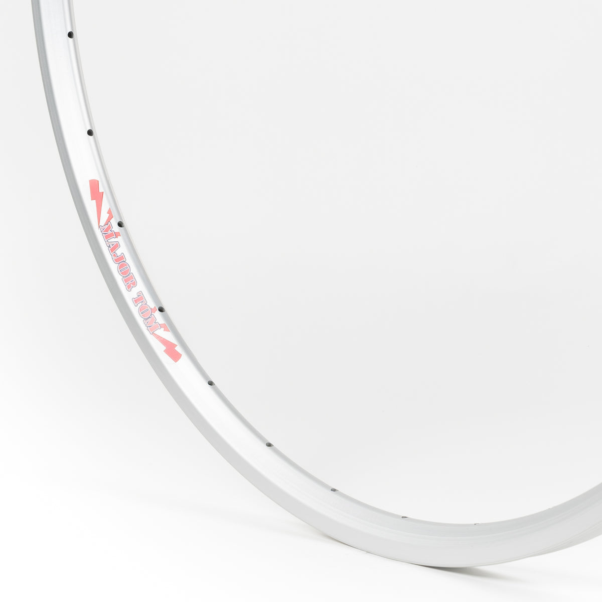 Velocity USA Major Tom Silver bicycle rim, close-up shot on a white background